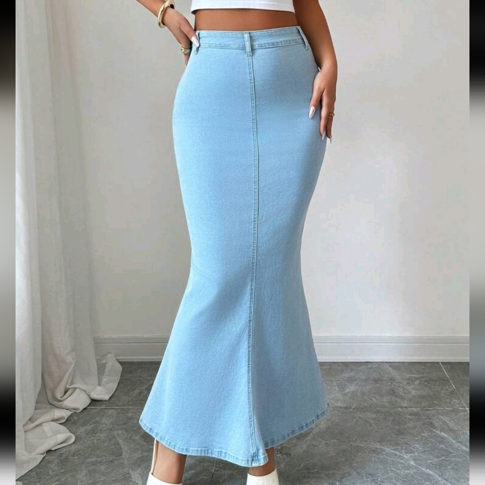 Women Elegant Solid Color Fish Tail Hem Denim Skirt